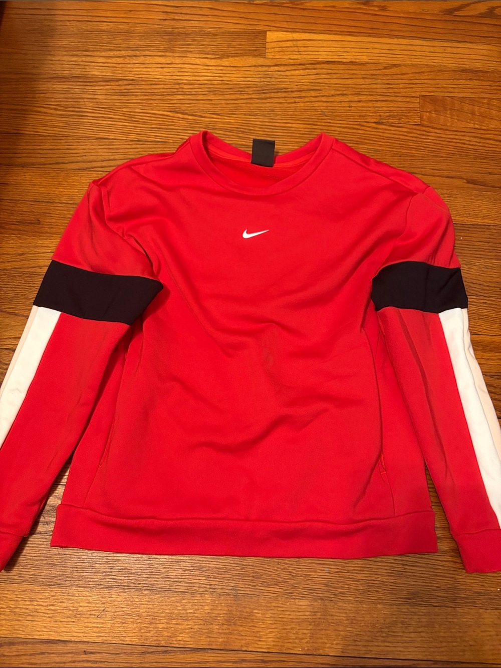 Nike Red Crewneck Sweater with Black and White Sleeve Stripes